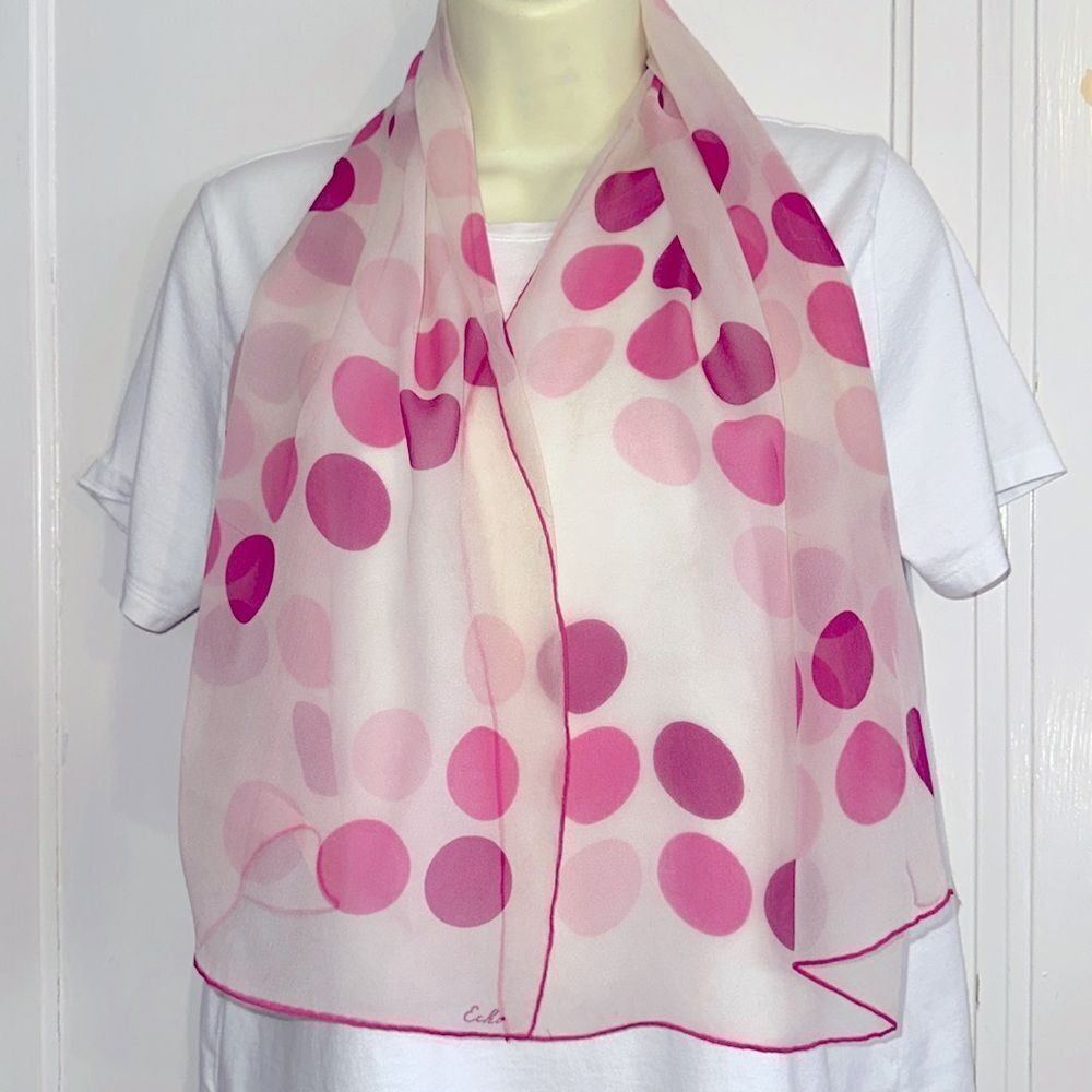 Vtg 60s Echo white‎ semi sheer nylon polyester/pink polka dots rectangle scarf